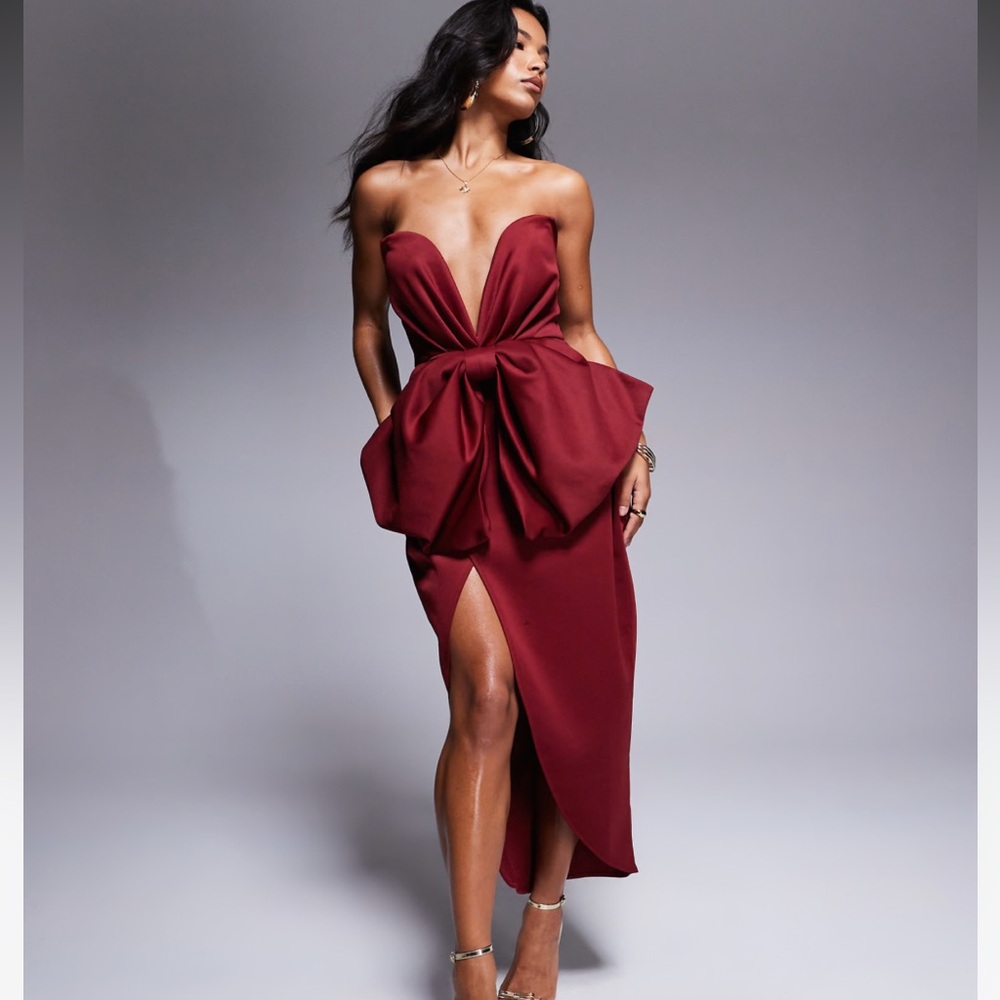 NWT ASOS DESIGN bandeau midi dress with oversized bow in burgundy - Picture 10 of 10